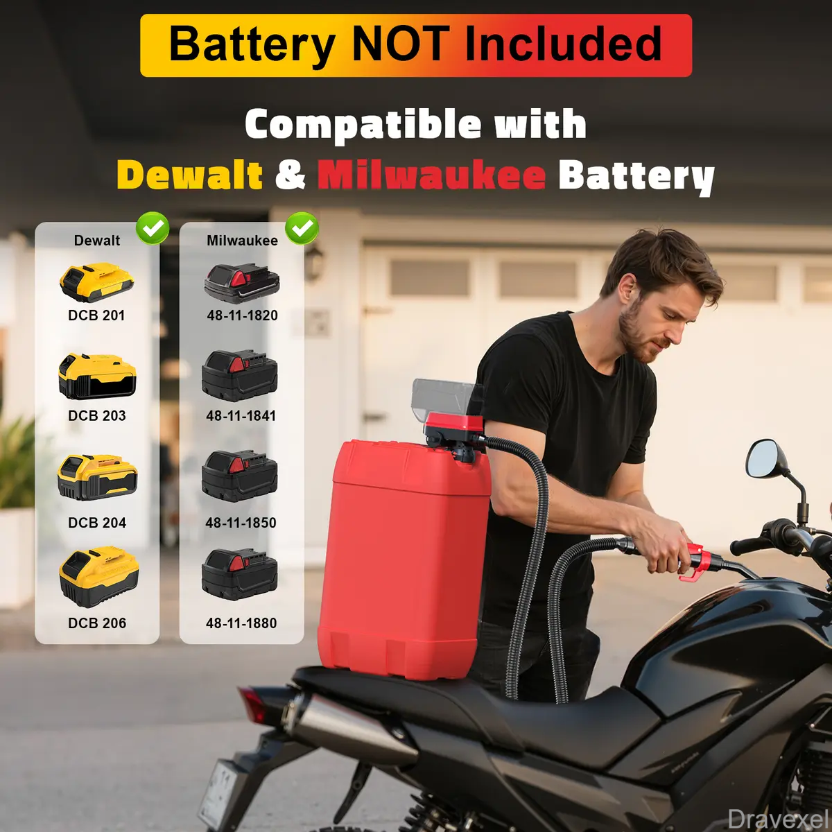 Cordless Fuel Transfer Pump for Dewalt 20V & Milwaukee 18V Batteries – 3.2 GPM Portable Gas, Diesel & Oil Transfer Pump with Hose & Adapters